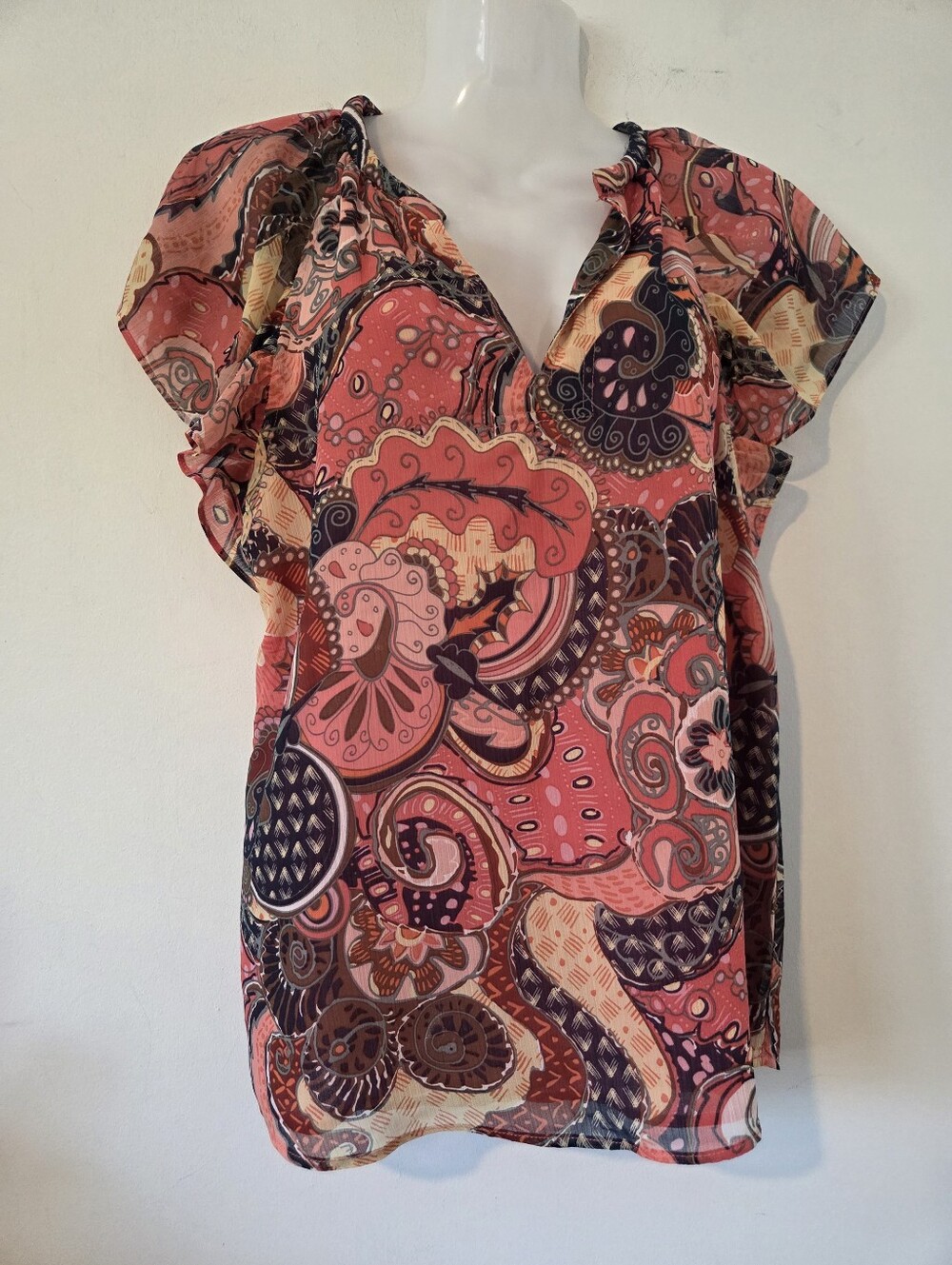Joie Coral Paisley Print Ruffle Sleeve Silk Top